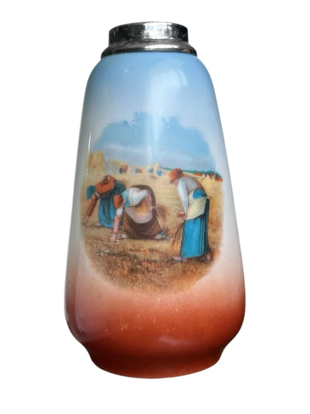 Royal Bayreuth • Antique “The Gleaners” Sterling Silver Rim Small Vase